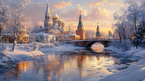 Russian riverside cityscape in winter sunset light.