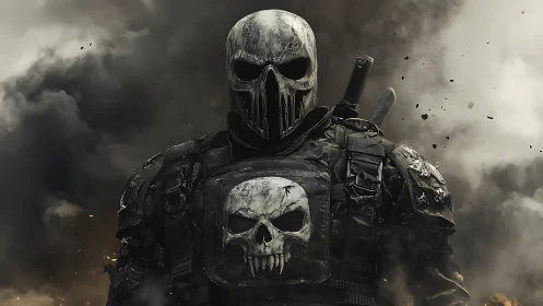 Skull masked revenant strides through war-smothered smoke