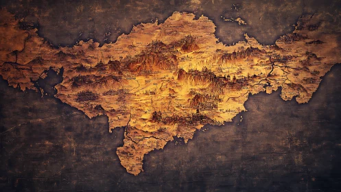 Antique fantasy continent map with elevated relief rendering