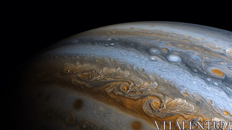 Jupiter&rsquo;s stormy silk unfurls in bronze and frozen blue light