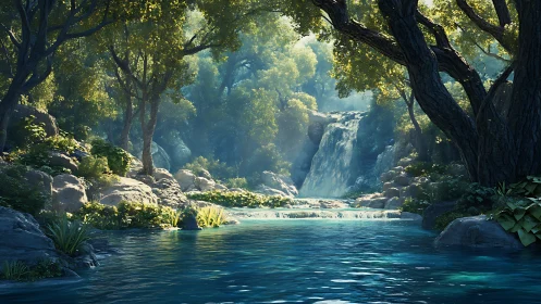 Waterfall Cascades Through Ancient Forest Valley.