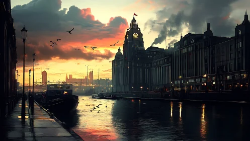 Riverside urban skyline with clock tower at sunset period.