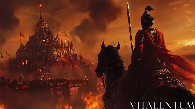 Warrior on horseback observes burning fortified temple city