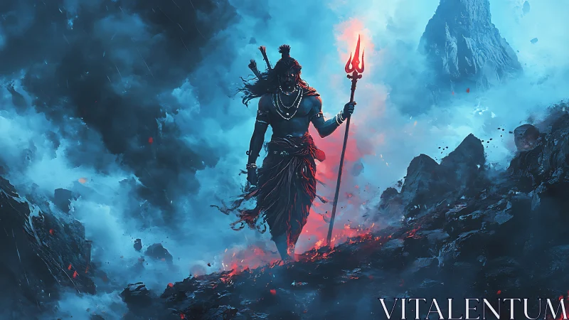 Digital fantasy warrior with trident in volcanic stormscape.