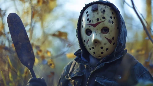 Forest slasher silhouette studies the lens through cold eyeholes