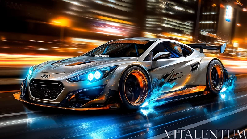 Night-city silver race car streaking with blue flames.