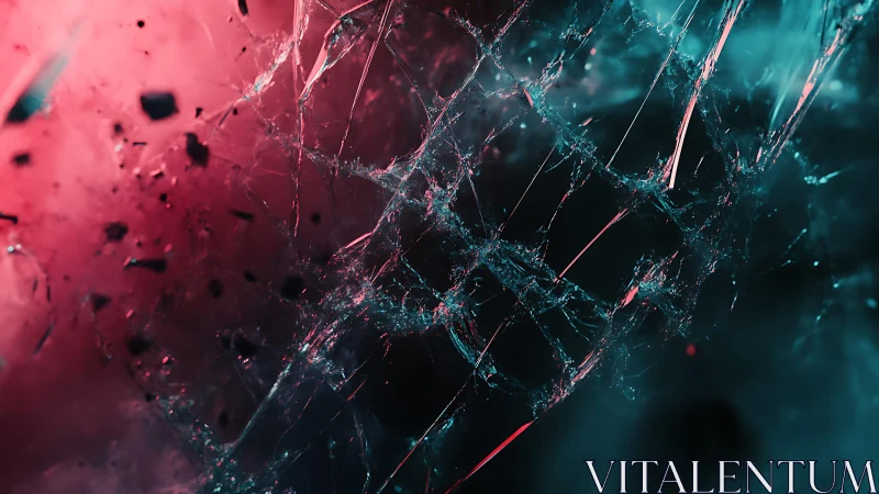 Close-up of cracked glass with neon pink and teal lighting, abstract style.