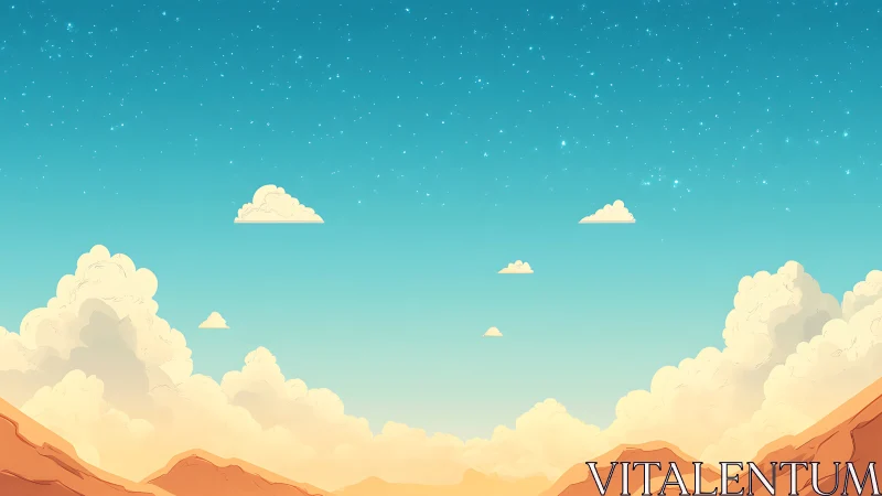 Sunlit desert clouds beneath a luminous starry sky.