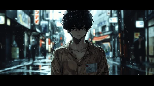 Brooding anime boy in rainy neon city street at night.