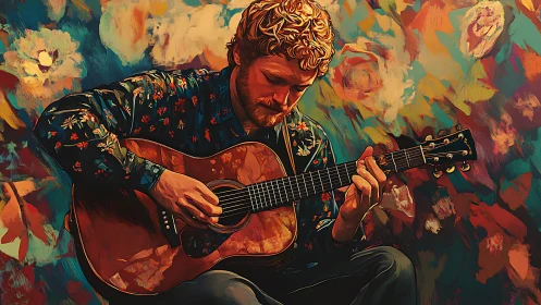 Acoustic guitarist in floral shirt against abstract chromatic backdrop