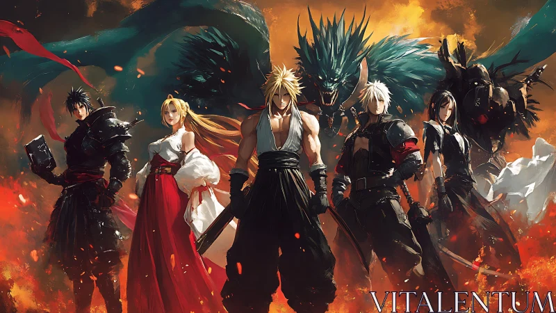 Heroic fantasy warriors framed by infernal embers and beasts.