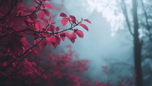 Vibrant Red Leaves in a Misty Forest, Dreamy Nature Photography.