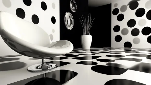 Modern black and white lounge with bold circular interior design