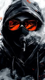 Cyberpunk hooded figure with gas mask and neon red lenses.