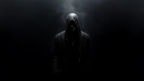 Hooded figure in dark environment with minimal lighting.