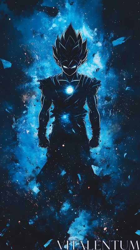 Silhouetted energy figure in blue cosmic abstract field.