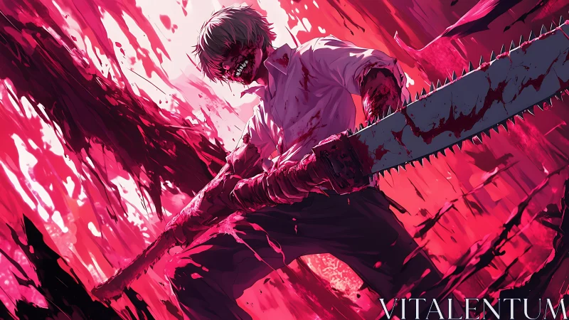Blood soaked figure wielding massive chainsaw in red scene.