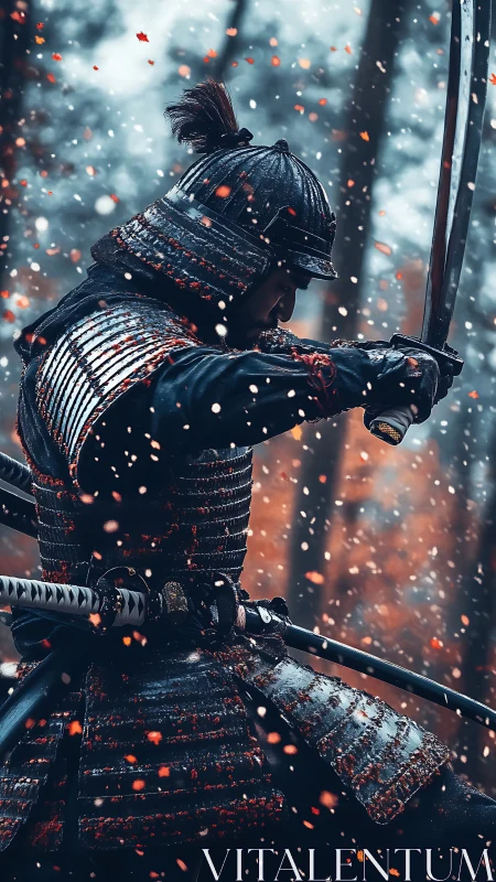 Storm-lit samurai ignites the snowfall with steel and resolve.