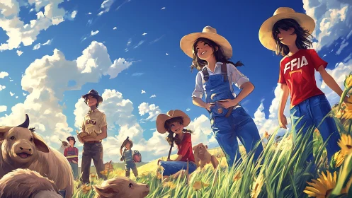 Joyful farm kids stroll through sunny fields with animals