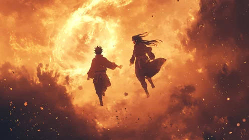 Silhouetted figures suspended before circular fiery vortex.