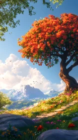 Crimson blossom tree crowns bright alpine valley path