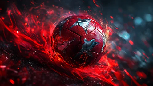 Red leather soccer ball with metallic fish reliefs in liquid fire