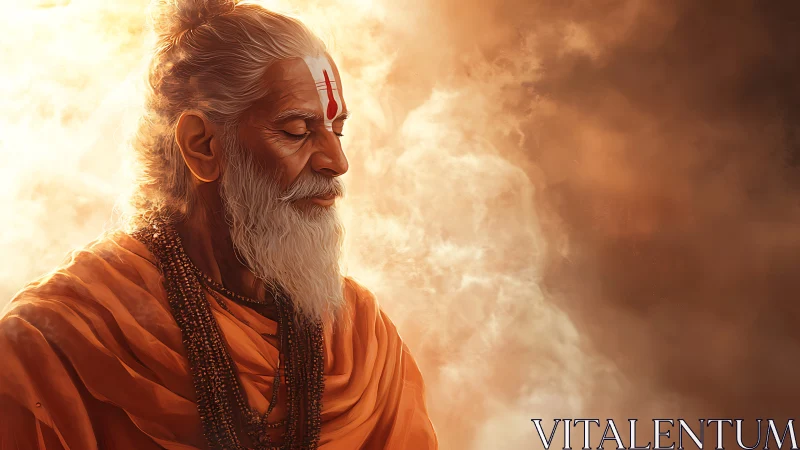 Side-lit meditative elder with saffron drapery and volumetric haze