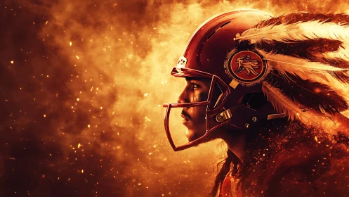 Warrior football player strides through blazing orange embers