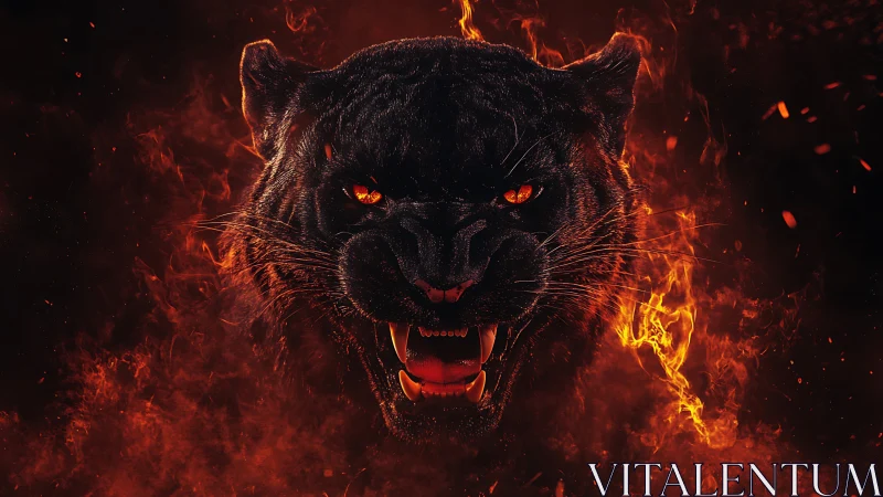 Volcanic black panther portrait in incandescent flame field.