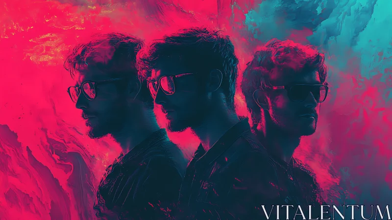 Triangular neon portrait array in dual-tone chromatic turbulence.