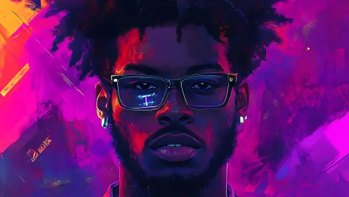 Neon-crowned portrait in electric magenta and indigo storm.