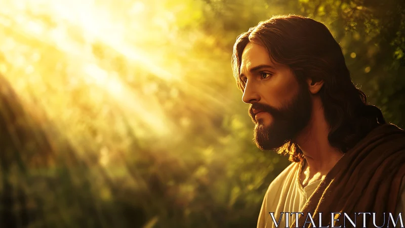 Sunlit devotional portrait renders serene robed figure in profile