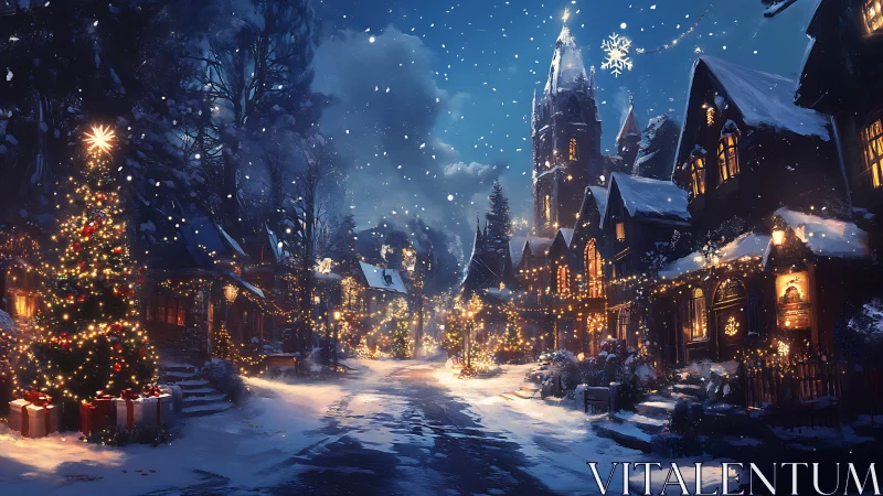 Snow covered village street shows illuminated Christmas decorations