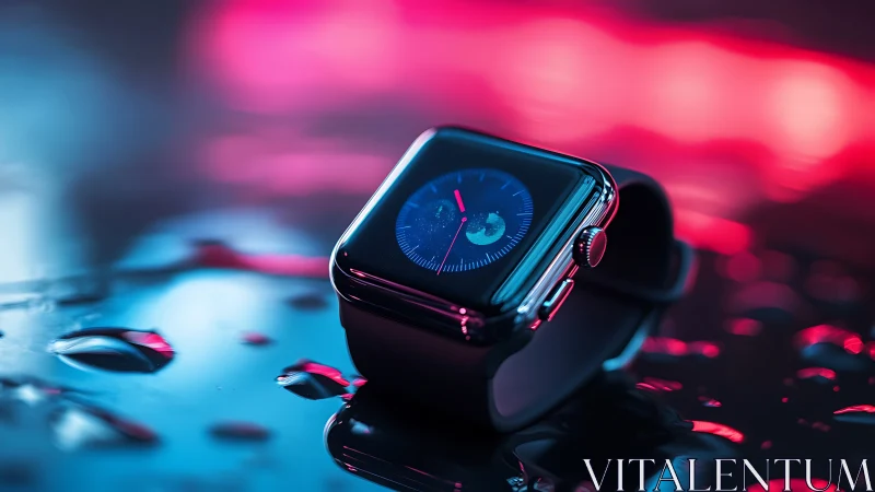 Smartwatch lies on wet surface under neon blue and pink light
