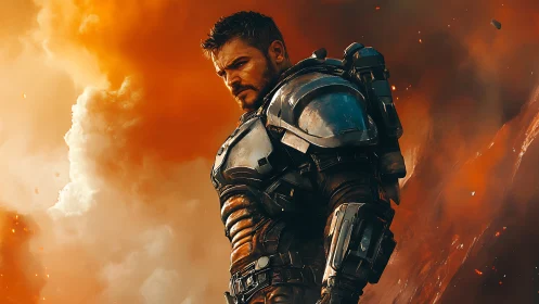 Armored sci‑fi soldier stands against blazing orange sky.