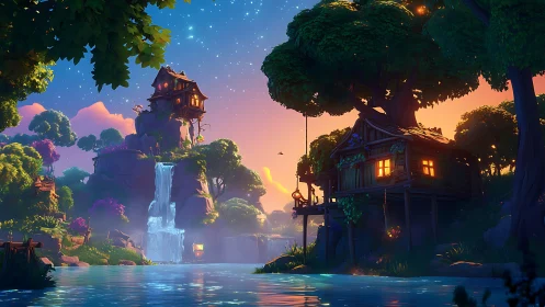 Illuminated treehouse structure positioned near cascading waterfall