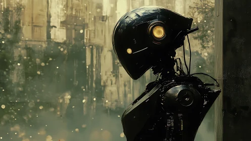 Side-profile cybernetic sentinel amid particulate haze.