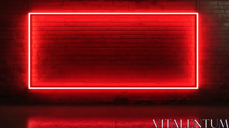 Rectangular red neon light frame on dark textured brick wall