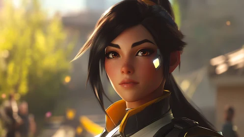 Female cyborg portrait in outdoor urban environment.