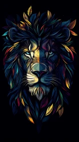 Symmetrical lion portrait employs multicolored vector stylization