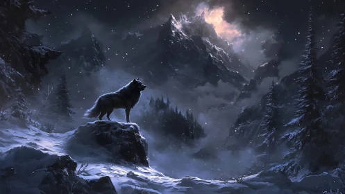 Lone frostwolf measures the moonlit roar of the mountains