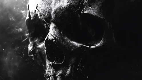 Monochrome human skull close-up in strong lateral light.