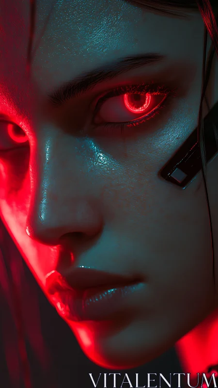 Cyborg face shows glowing red cybernetic eye in closeup