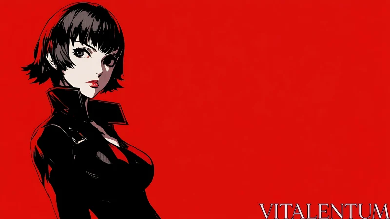 High-contrast anime heroine in black jacket on red field