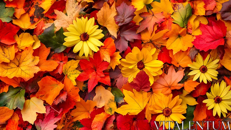 Yellow daisies scattered on vivid autumn maple leaves.