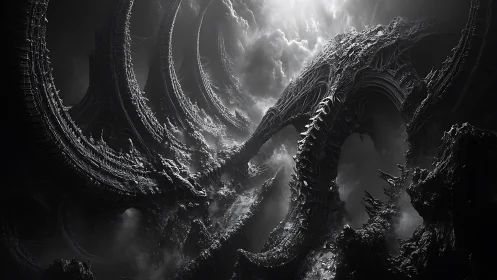 Colossal biomechanical arches in stormy monochrome void.