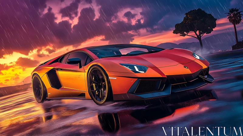 Sports car is rendered on wet coastal road at sunset rain