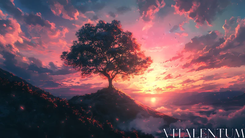 Solitary hilltop tree drinks deep from the molten sunset sky