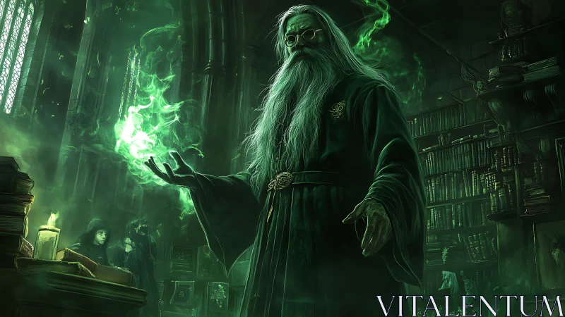 Elder wizard conjuring emerald fire in gothic library.