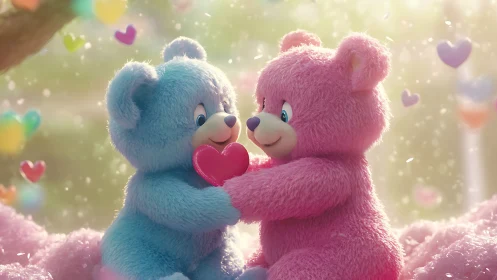 Sweet blue and pink teddy bears share a glowing heart